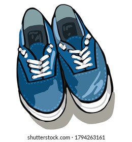 Sneakers vector illustration showing a pair of blue shoes with white laces and soles.
