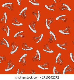 Sneakers vector seamless pattern on red background