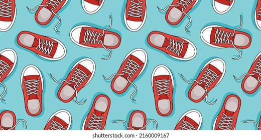 Sneakers vector seamless pattern, sport shoe background, red footwear texture. Cartoon repeat illustration