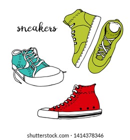 Sneakers vector sketch, hand drawn active shoes isolated on white background