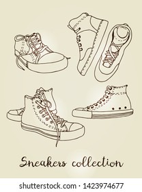 Sneakers vector sketch, hand drawn active shoes collection isolated on beige background