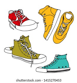 Sneakers vector sketch set, hand drawn active shoes drawing isolated on white background