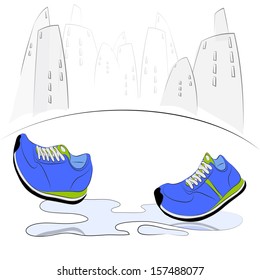 Sneakers walking through puddles in the city. Vector illustration