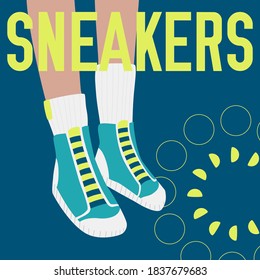 SNEAKERS word and female legs in sneakers. Bright colorful fashion design. Vector banner template for shoe themed businesses.