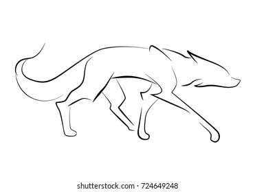 Sneaking black line fox on white background. Hand drawing vector graphic. Animal illustration.