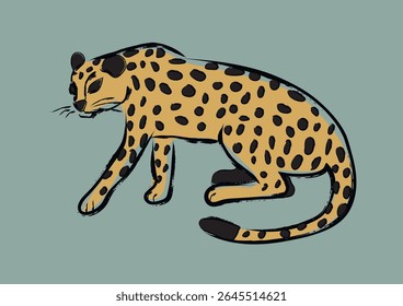 Sneaking Cheetah no fundo azul claro. Ilustração De Vetor Desenhado À Mão Infantil. Mão brincalhona puxado Chita Rastejando no fundo azul. Arte vetorial.