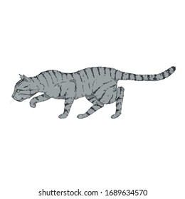 Sneaking Gray Striped Cat. Vector Cartoon Illustration