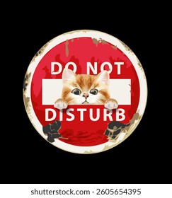 sneaking kitten in worn street sign vector illustration on black background