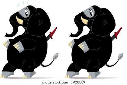 Sneaking and nervous ninja Elephants, one scared and one angry