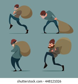 sneaking thief, in action, cartoon character, flat style, vector illustration, set