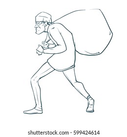 sneaking thief, in action, cartoon character, hand drawn style, vector illustration