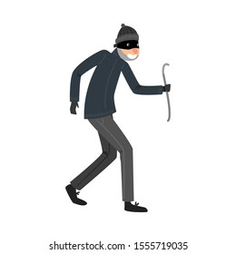 Sneaking thief in black clothes standing with the crowbar in hand. Vector illustration in flat cartoon style.