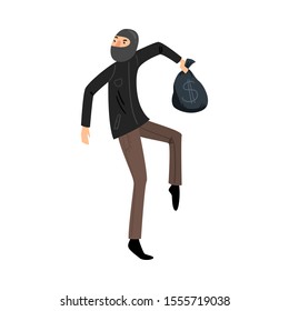 Sneaking thief in black mask with a bag of money. Vector illustration in flat cartoon style.