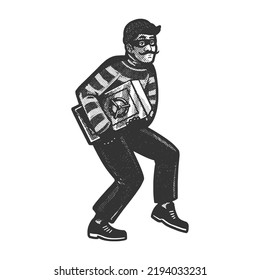 Sneaking thief with safe sketch engraving vector illustration. Scratch board imitation. Black and white hand drawn image.