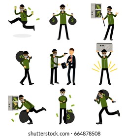 Sneaking thiefs set, burglars committing crimes vector Illustrations