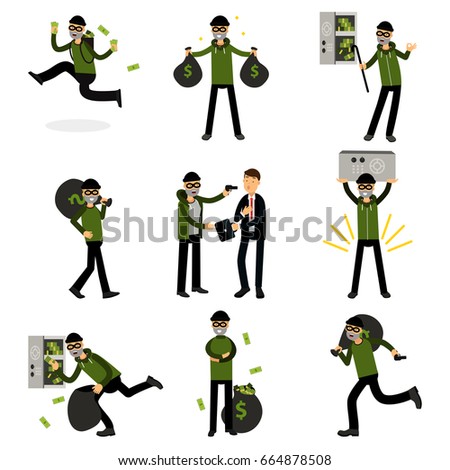Sneaking thiefs set, burglars committing crimes vector Illustrations
