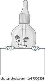 Sneaky bottle with pipette cartoon character style hiding behind a board