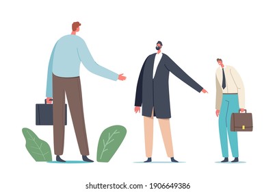 Sneaky Business Man Shift the Blame on Confused Businessman Scapegoat Character at Workplace front of Boss Face Pointing with Finger on Weak Colleague, Blaming. Cartoon People Vector Illustration