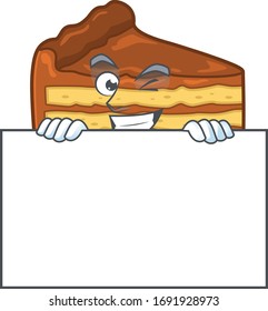 Caricatura de tarta de chocolate escondida detrás de una pizarra