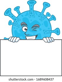 Sneaky coronavirus backteria cartoon character style hiding behind a board