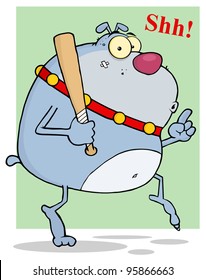 Sneaky Gray Bulldog Tip Toeing With Baseball Bat.Vector Illustration