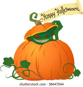 Sneaky green goblin inside pumpkin with hand-write inscription halloween vector illustration