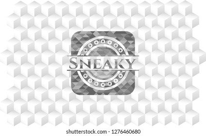 Sneaky grey badge with geometric cube white background