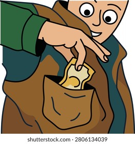  a sneaky hand reaching into a bag pocket to steal cash, suitable for theft, crime prevention, fraud, and security awareness content.
