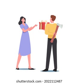 Sneaky Insincere Man Holding Axe Giving Gift Present Box to Woman. Husband Concealing Hiding His True Feelings From Happy Trusting Wife. Characters False Intention. Cartoon People Vector Illustration