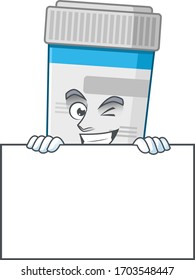 Sneaky medical bottle cartoon character style hiding behind a board