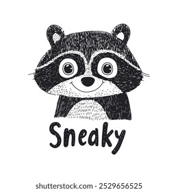 Ilustração de personagem de guaxinim sneaky com texto sneaky perfeito para projetos divertidos e decoração de crianças.