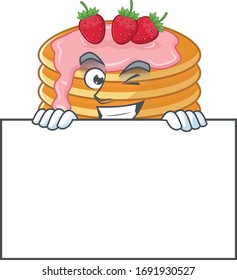 Sneaky strawberry cream pancake cartoon character style hiding behind a board