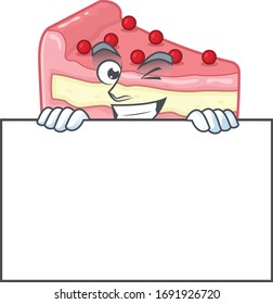 Sneaky strawberry slice cake cartoon character style hiding behind a board