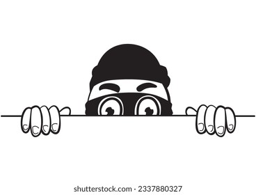 Sneaky thief, wearing a mask, and poking fun as he peeks mischievously from behind the wall, vector illustration