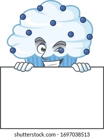 Sneaky vanilla blue cupcake cartoon character style hiding behind a board