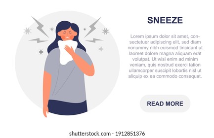 Sneeze banner template - Young woman holding a handkerchief, sneezing female character, having symptom of flu, virus infection or allergy - Healthcare concept, vector flat illustration, landing page