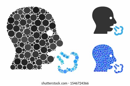 Sneeze composition of round dots in various sizes and color tinges, based on sneeze icon. Vector round dots are united into blue illustration. Dotted sneeze icon in usual and blue versions.