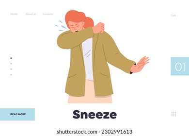 Sneeze concept for landing page design template with woman character coughing in arm elbow