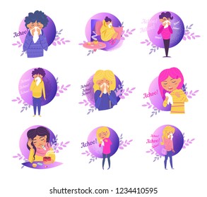 Sneeze, flu, disease, infection, spread Vector. Cartoon. Isolated art on white background. Flat Set Collection