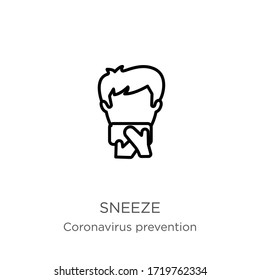 Sneeze icon. Thin linear sneeze outline icon isolated on white background from Coronavirus Prevention collection. Modern line vector sign, symbol, stroke for web and mobile