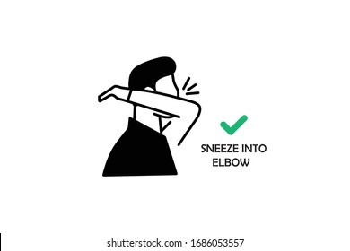 sneeze into elbow icon.Sneeze or Cough into your elbow, not your hands to avoid, prevent spreading germs and viruses, icons, vector illustration.