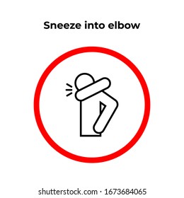 Sneeze into elbow - infographic, icon. Warning prohibition sign in a red circle.