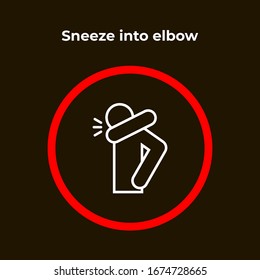 Sneeze into elbow - infographic, icon. Warning prohibition sign in a red circle.