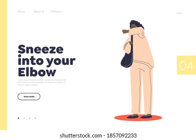 Sneeze into elbow landing page concept with cartoon woman covering face with hand while sneezing or coughing. Covering face and mouth while being sick. Flat vector illustration