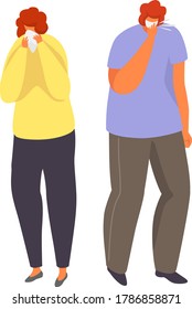 Sneeze male female character standing in medical mask, ache sick man hold hand close mouth arm isolated on white, cartoon vector illustration. Quarantine panic, dangerous global pandemic disease.