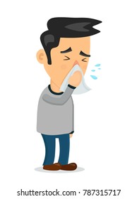 Sneeze Sick Flu Sad Person Man Character.Vector Flat Cartoon Illustration Icon.Isolated On White Background.Allergy,sick,flu Concept.Season Allergy,tissue,cough,sneeze Cartoon Doodle Character Man