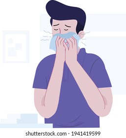 Sneezing boy concept vector illustration. A boy sneezing in handkerchief. Sick boy sneeze. Season allergy. coronavirus symptoms, covid 19, ill boy, flat design illustration for coronavirus symptoms 