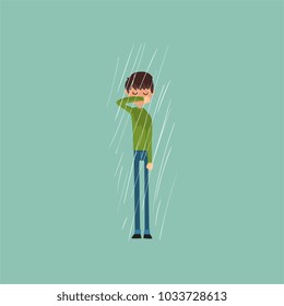Sneezing boy freezing over autumn rain vector Illustration