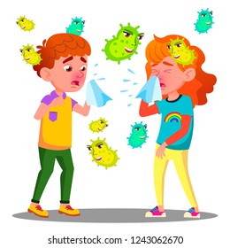Sneezing Boy And Girl Surrounded By Flying Bacteria Vector. Isolated Cartoon Illustration
