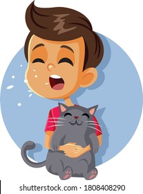 Sneezing Boy Having Cat Allergy Holding Kitten. Child Having An Allergic Reaction To Her A Pet Friend 
